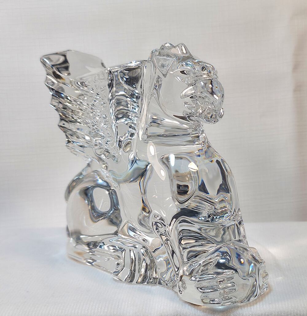 Baccarat France Clear Crystal Signed Winged Griffin Lion Sculpture Figurine